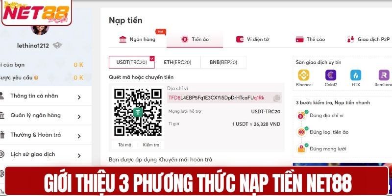 Giới thiệu 3 phương thức nạp tiền NET88