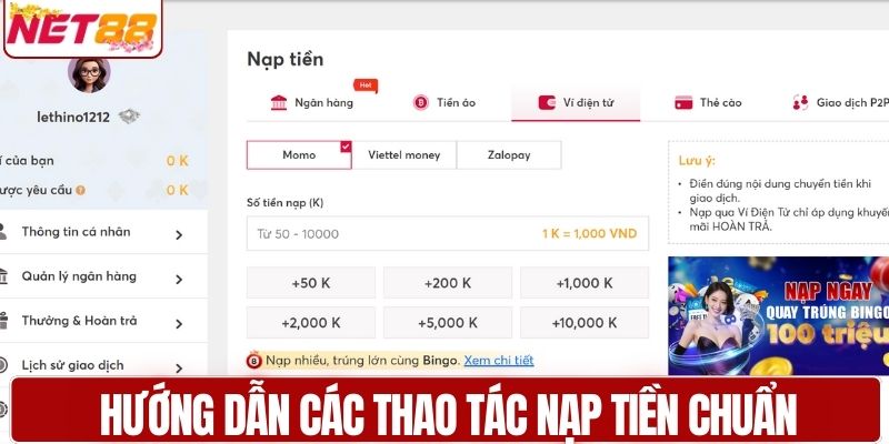 Hướng dẫn các thao tác nạp tiền chuẩn