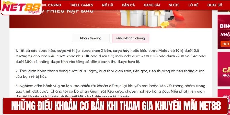 Những điều khoản cơ bản khi tham gia khuyến mãi NET88